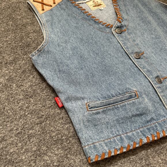 Sap Man Denim Vest Womens Size Medium Leather Trim Lace Detail Southwest Cowgirl - Picture 9 of 13